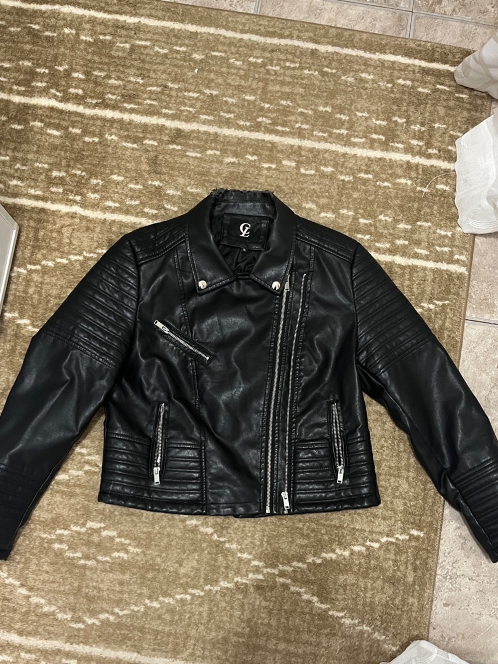 SHEIN Black Quilted Faux Leather Moto Jacket with Asymmetrical Zip